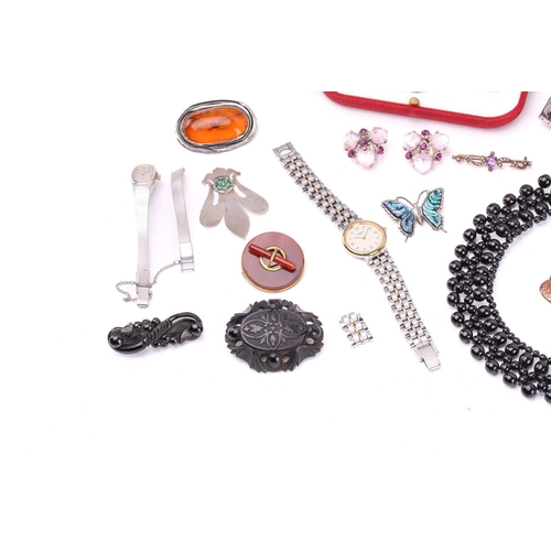 149 - A mixed quantity of silver, costume jewellery and watches, including a silver bookmark decorated wit... 