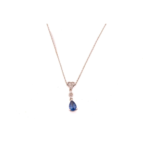 15 - A sapphire and diamond necklace and earrings en-suite; the necklace comprises a pear-shaped sapphire... 