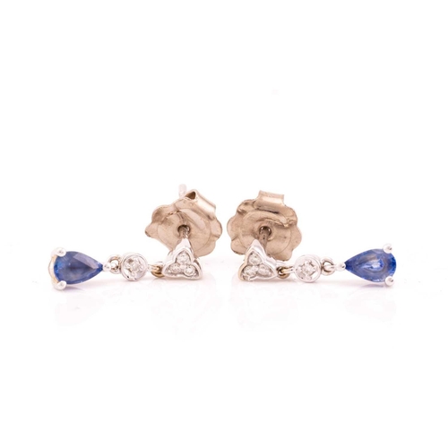 15 - A sapphire and diamond necklace and earrings en-suite; the necklace comprises a pear-shaped sapphire... 