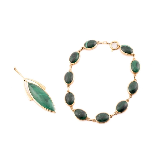 159 - A malachite pendant and bracelet, the pendant comprises a navette-shaped malachite cabochon set in c... 