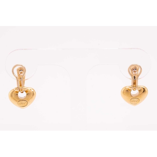 162 - A pair of heart drop earrings, each comprising a heart-shaped charm on a bar surmount, fitted with e... 