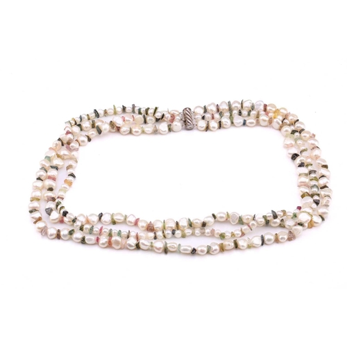 177 - Two cultured pearl necklaces; the first comprising three strands of Keshi pearls, interspaced with m... 