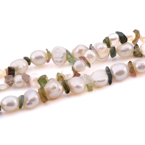 177 - Two cultured pearl necklaces; the first comprising three strands of Keshi pearls, interspaced with m... 