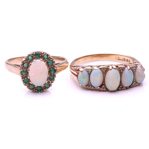 189 - A five-stone half hoop graduated opal ring; the oval opals with rose diamond accents in a carved 9-c... 