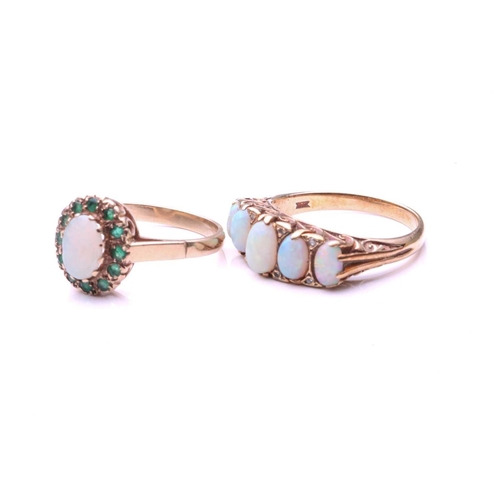 189 - A five-stone half hoop graduated opal ring; the oval opals with rose diamond accents in a carved 9-c... 