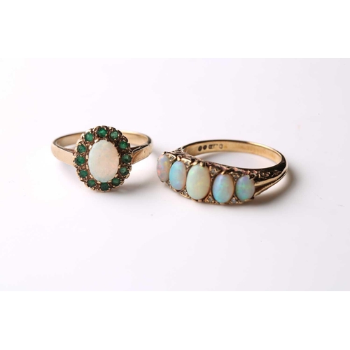 189 - A five-stone half hoop graduated opal ring; the oval opals with rose diamond accents in a carved 9-c... 