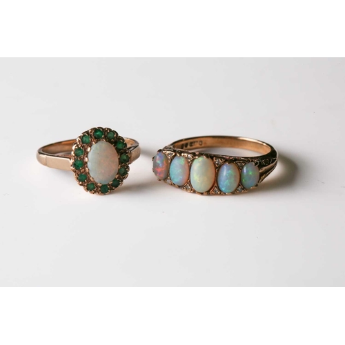 189 - A five-stone half hoop graduated opal ring; the oval opals with rose diamond accents in a carved 9-c... 