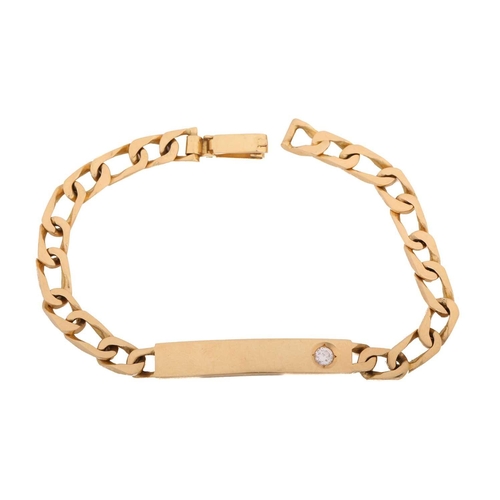 190 - A yellow metal ID bracelet set with a diamond accent, consisting of a flat curb chain attaching a cu... 