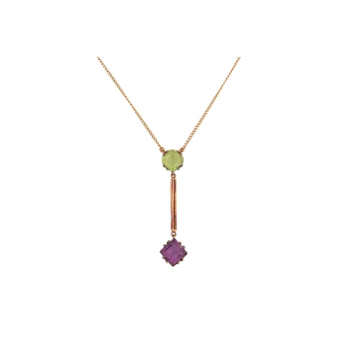 192 - A lavalier necklace set with green and purple paste, the pendant comprises a square step-cut purple ... 