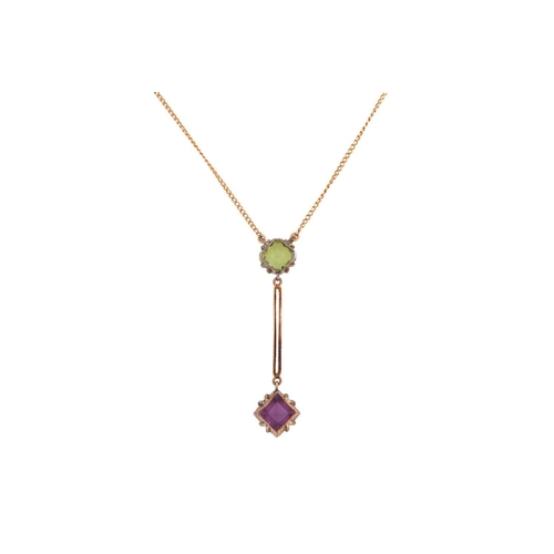 192 - A lavalier necklace set with green and purple paste, the pendant comprises a square step-cut purple ... 