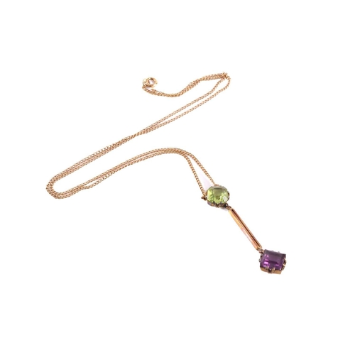 192 - A lavalier necklace set with green and purple paste, the pendant comprises a square step-cut purple ... 