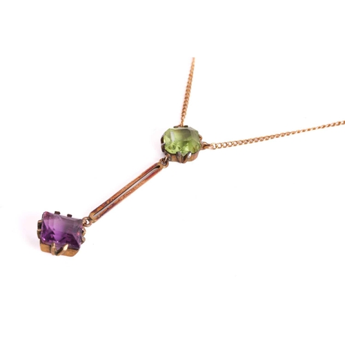 192 - A lavalier necklace set with green and purple paste, the pendant comprises a square step-cut purple ... 