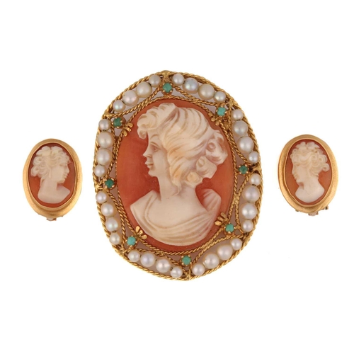 193 - A shell cameo brooch pendant and a pair of clip-on earrings; the brooch depicts a bust of a lady, fr... 