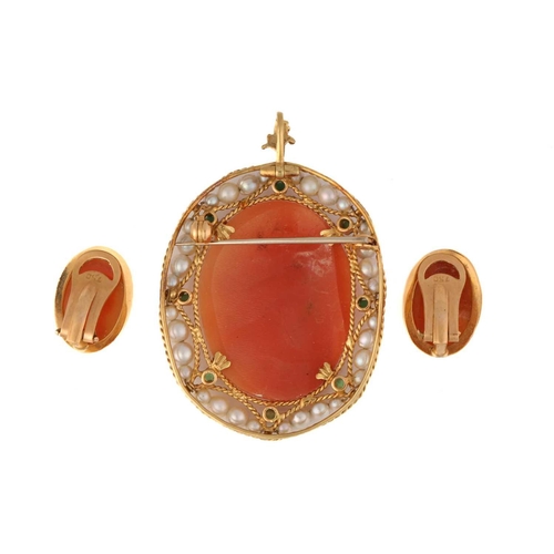 193 - A shell cameo brooch pendant and a pair of clip-on earrings; the brooch depicts a bust of a lady, fr... 