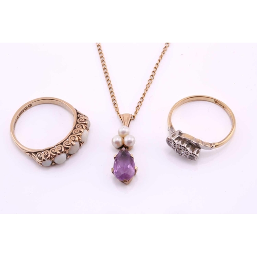 195 - An amethyst and cultured pearl pendant, the single-stone pear-shaped amethyst with a three-stone cul... 