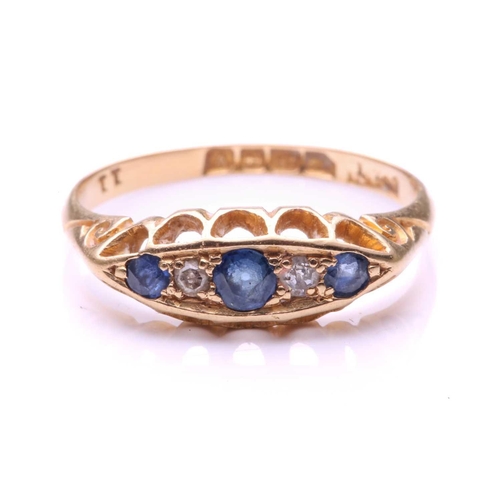 196 - An early 20th-century sapphire and diamond five stone half hoop ring; the graduated circular-cut sap... 