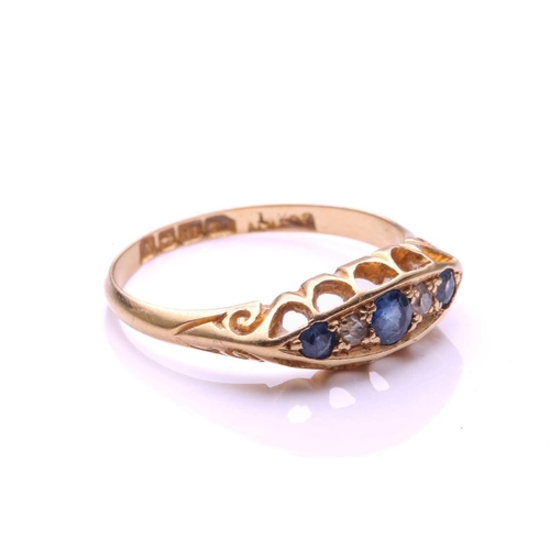 196 - An early 20th-century sapphire and diamond five stone half hoop ring; the graduated circular-cut sap... 