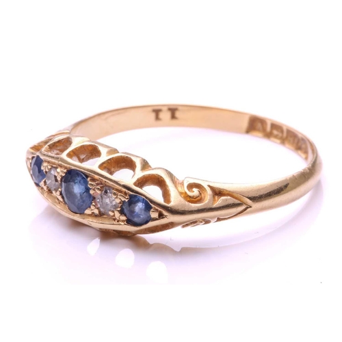 196 - An early 20th-century sapphire and diamond five stone half hoop ring; the graduated circular-cut sap... 