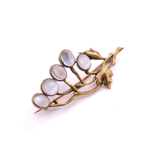 20 - An Art Nouveau-style moonstone vine brooch, consisting of five moonstone cabochons set against scrol... 