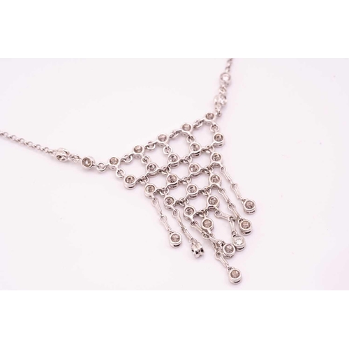 203 - A diamond fringe necklace, the triangular mesh is constructed with collet-set round diamonds, suspen... 