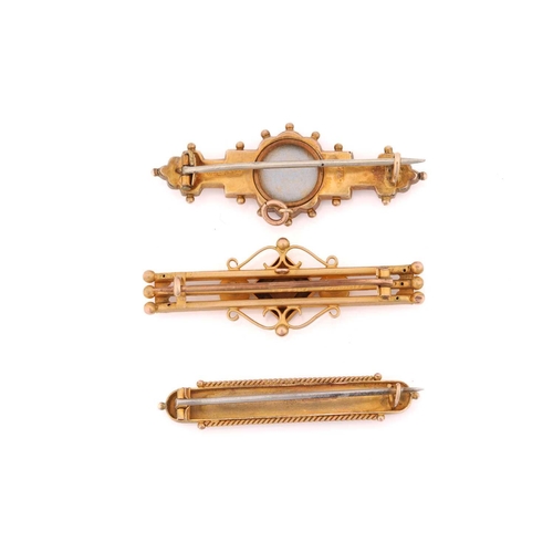 236 - Three Victorian brooches, featuring a diamond chip set mourning brooch measuring 46mm in 9ct yellow ... 