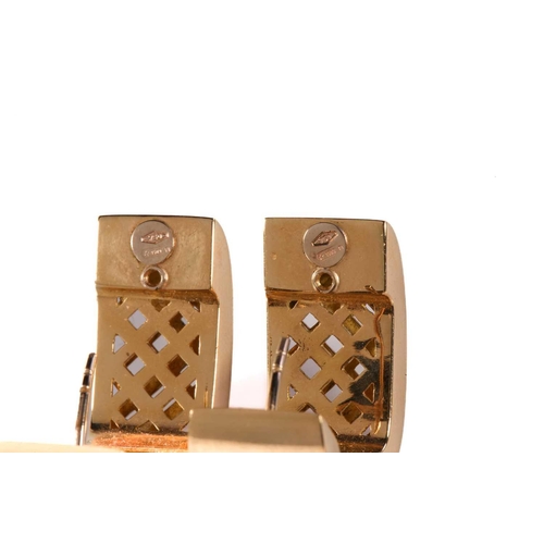 238 - A pair of hoop earrings, hinged rectangular panels comprising mirror finish at the front, lattice pa... 