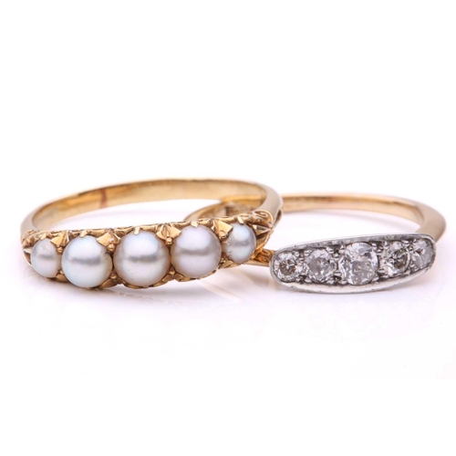 239 - A pearl half-hoop ring and a diamond half-hoop ring; the first comprises five graduated grey pearls,... 