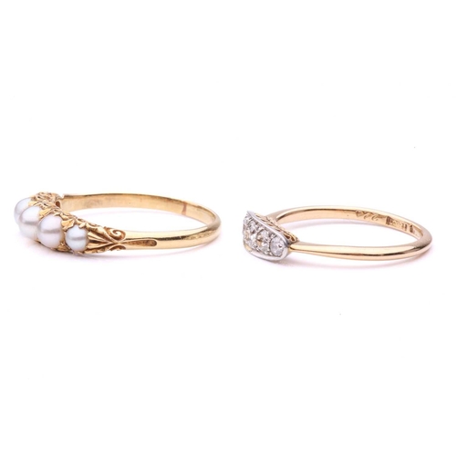 239 - A pearl half-hoop ring and a diamond half-hoop ring; the first comprises five graduated grey pearls,... 