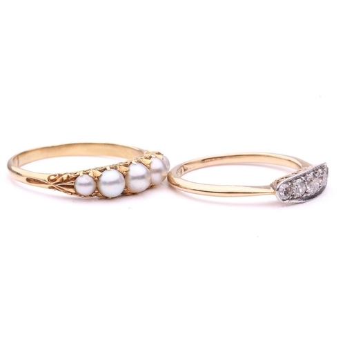 239 - A pearl half-hoop ring and a diamond half-hoop ring; the first comprises five graduated grey pearls,... 