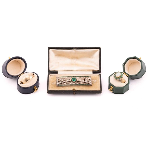 24 - Two 9ct gold rings and an Art Deco paste-set brooch; including a thick wedding band, Birmingham hall... 