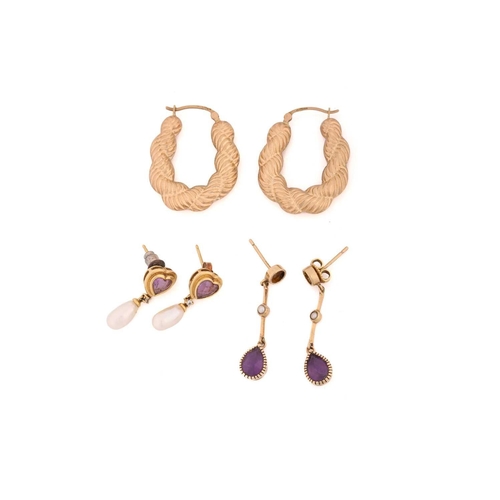 249 - Three pairs of earrings; to include a pair of 9ct yellow gold creole earrings in twisted rope design... 