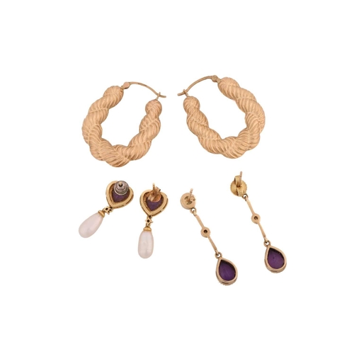 249 - Three pairs of earrings; to include a pair of 9ct yellow gold creole earrings in twisted rope design... 