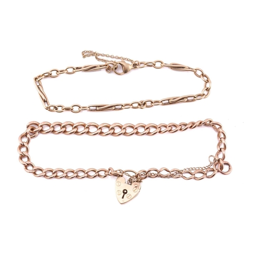 261 - A 9ct pink gold bracelet with a heart padlock and another fancy link bracelet; the first comprises a... 