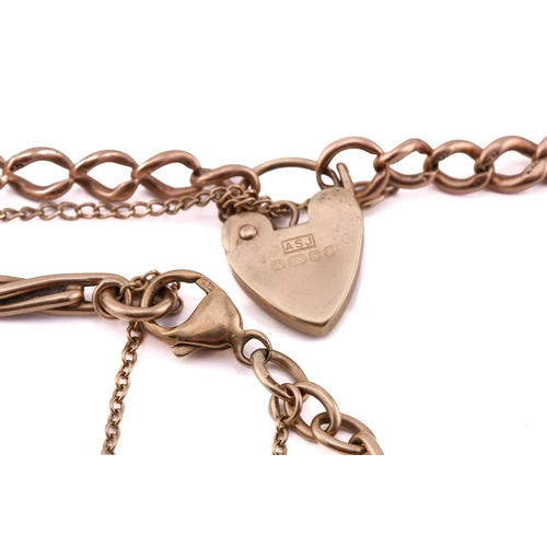 261 - A 9ct pink gold bracelet with a heart padlock and another fancy link bracelet; the first comprises a... 