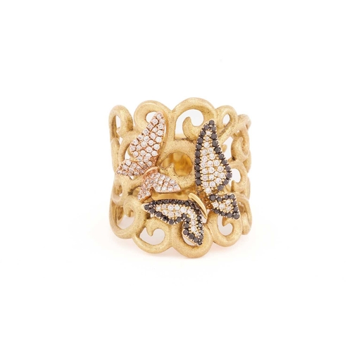 3 - A diamond butterfly design dress ring, the satin finish yellow gold scrollwork mount accented with t... 