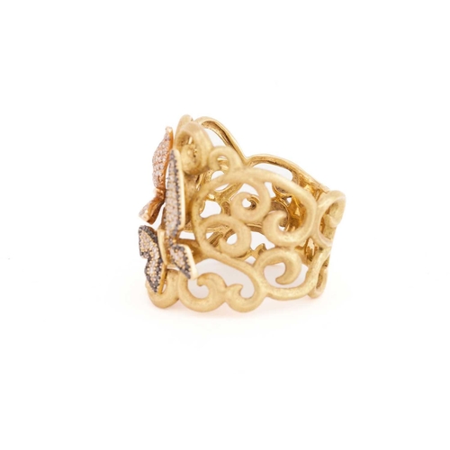 3 - A diamond butterfly design dress ring, the satin finish yellow gold scrollwork mount accented with t... 