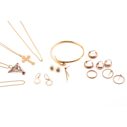 32 - A collection of five sets of earrings, four chains, one bangle, one ring, one single earring. Featur... 