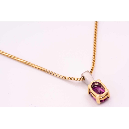 46 - A pink sapphire and diamond pendant and chain, the oval mixed cut pink sapphire, approximately 1.14c... 