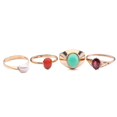 55 - A collection of four gem set rings, featuring one yellow metal stamped 18ct pearl set ring. A single... 