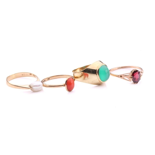 55 - A collection of four gem set rings, featuring one yellow metal stamped 18ct pearl set ring. A single... 