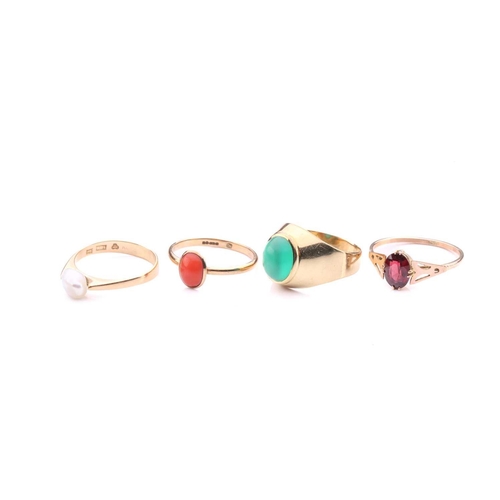 55 - A collection of four gem set rings, featuring one yellow metal stamped 18ct pearl set ring. A single... 