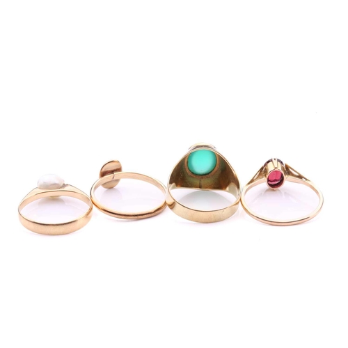 55 - A collection of four gem set rings, featuring one yellow metal stamped 18ct pearl set ring. A single... 