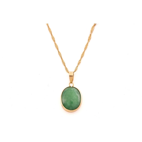 57 - A jade pendant on chain with a pair of stud earrings in 18ct yellow gold; the pendant contains an ov... 