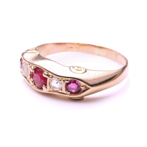 6 - A ruby and diamond five-stone graduated half hoop ring, the circular cut rubies and rose cut diamond... 