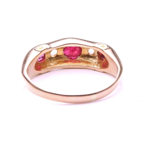 6 - A ruby and diamond five-stone graduated half hoop ring, the circular cut rubies and rose cut diamond... 