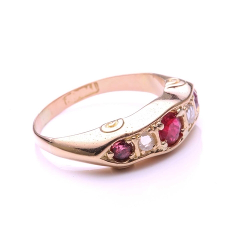 6 - A ruby and diamond five-stone graduated half hoop ring, the circular cut rubies and rose cut diamond... 