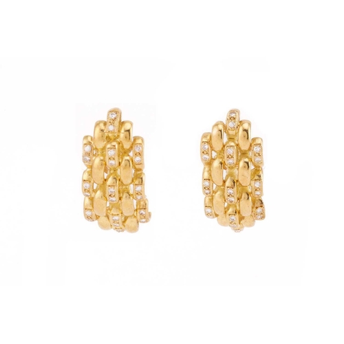 62 - A pair of 18ct yellow gold and diamond earrings, curved five-row brick link design, each millgrain s... 