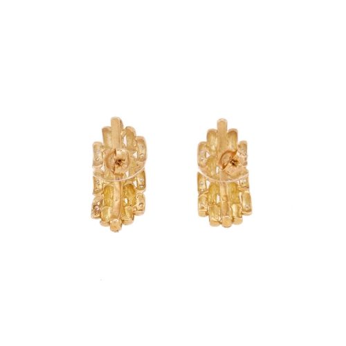 62 - A pair of 18ct yellow gold and diamond earrings, curved five-row brick link design, each millgrain s... 