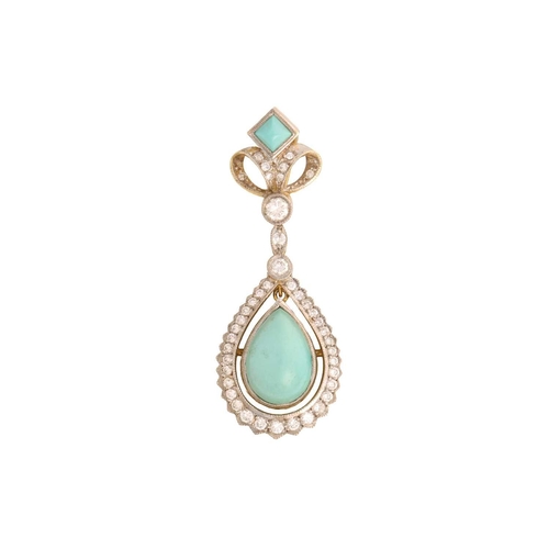 71 - A turquoise and diamond pendant, composed of a pear-shaped turquoise cabochon in millgrain collet, a... 