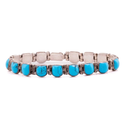 81 - A Thomas Singer cuff bracelet set with turquoise nuggets, and another turquoise line bracelet; the b... 